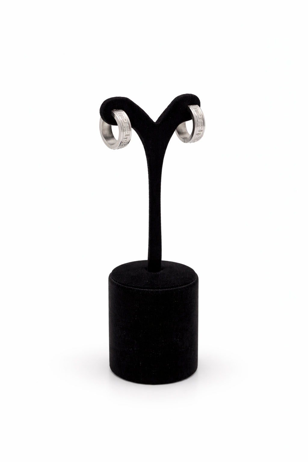 Greek Key Desenli Gümüş Renk Halka Çelik Küpe