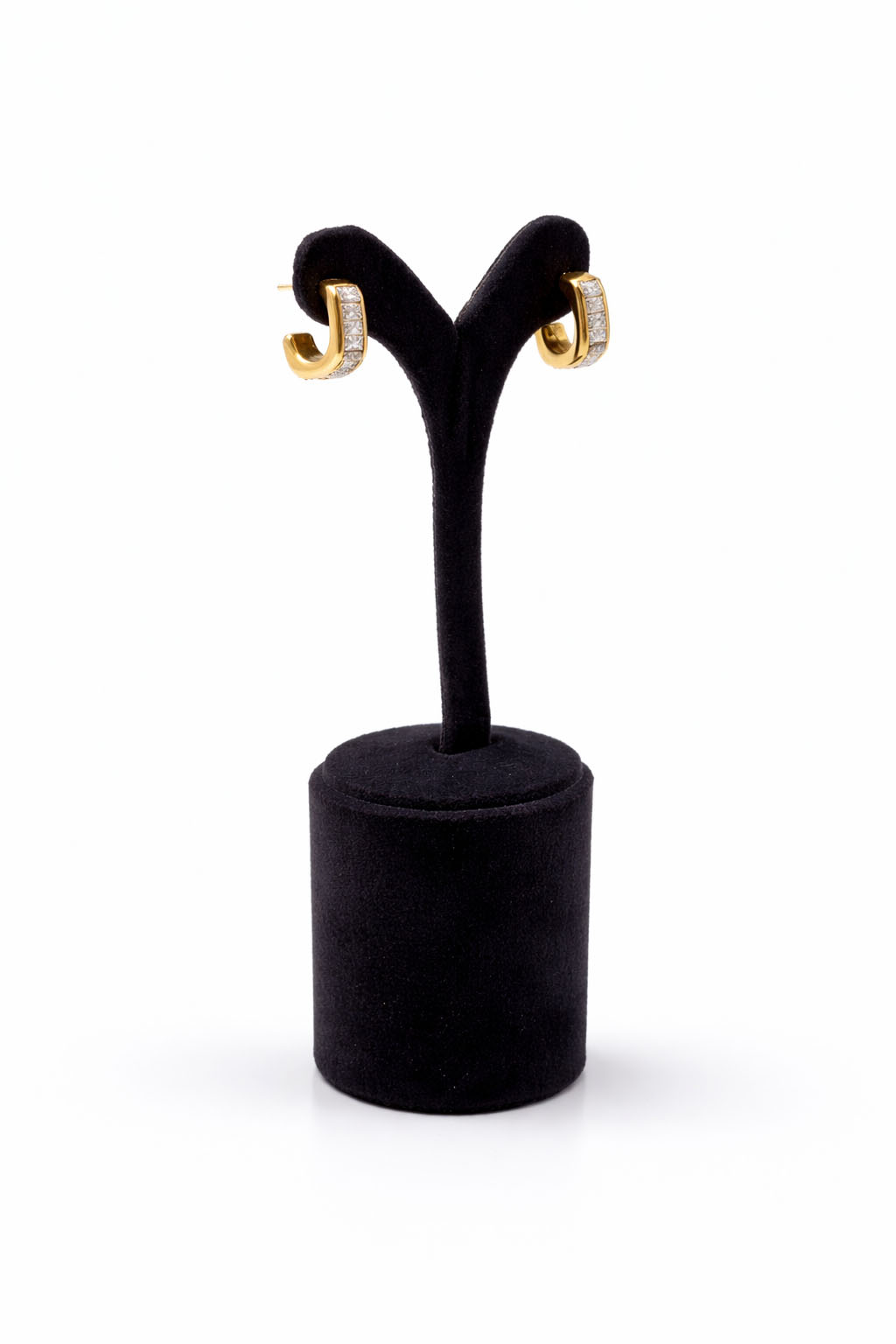 Kare Zirkon Taş Detaylı Altın Renk Yarım Halka Çelik Küpe