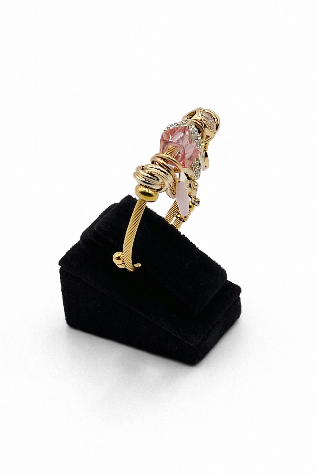 Ayıcık Figürlü, Pembe Taşlı Altın Renk Çelik Charm Bileklik