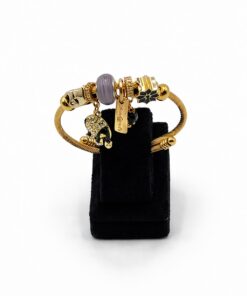 Fil Figürlü, Taşlı Altın Renk Çelik Charm Bileklik