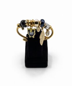 Baykuş Figürlü, Siyah TaşlıAltın Renk Çelik Charm Bileklik