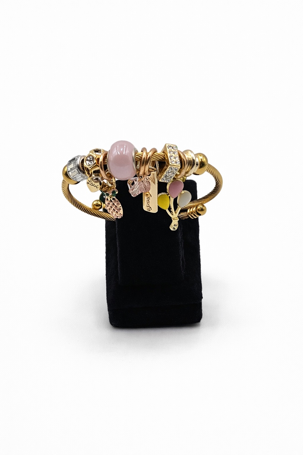 Pembe Taşlı Balon Figürlü Altın Renk Çelik Charm Bileklik