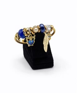 Mavi Taşlı Baykuş Figürlü Altın Renk Çelik Charm Bileklik