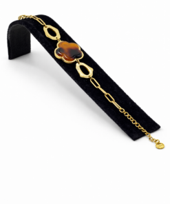 Çiçek Form Kahverengi Taş Detaylı Altın Renk Çelik Bileklik