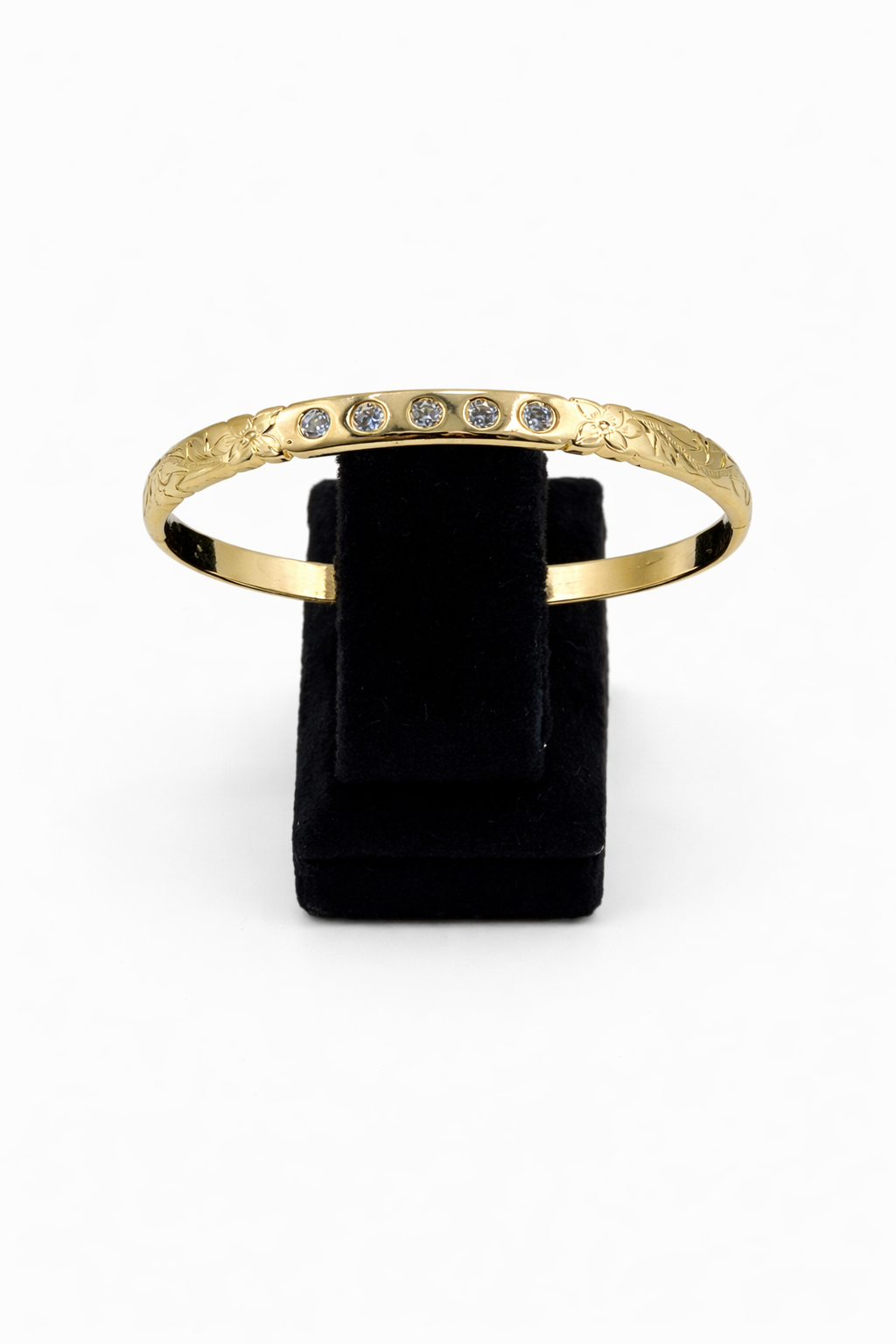 Çiçek Desenli Zirkon Taşlı Altın Renk Çelik Kelepçe Bilezik