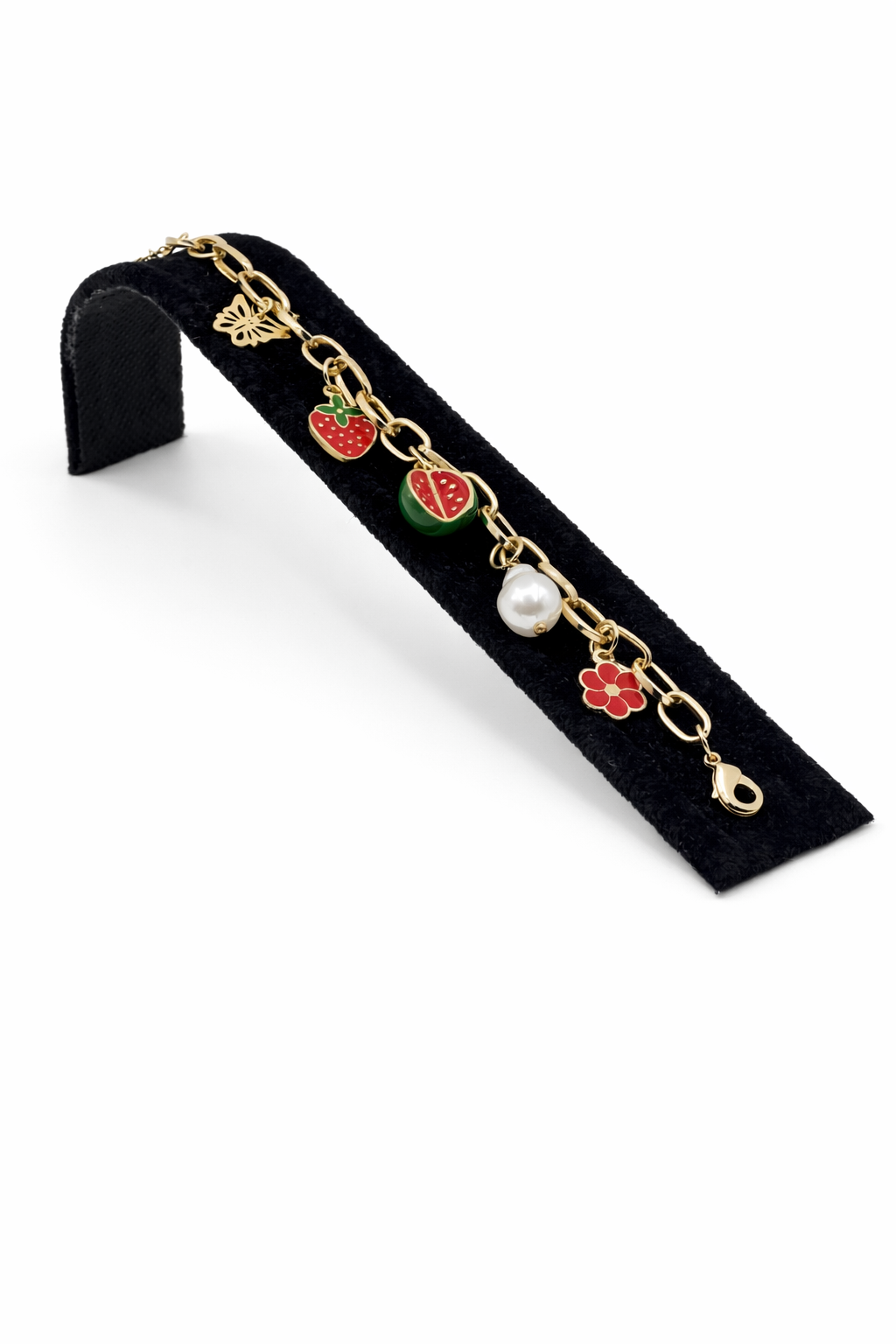 Çilek ve Kelebek Figürlü Altın Kaplama Bijuteri Charm Bileklik