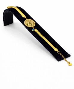 Hayat Çiçeği Motifli Nazar Boncuklu Altın Renk Çelik Bileklik