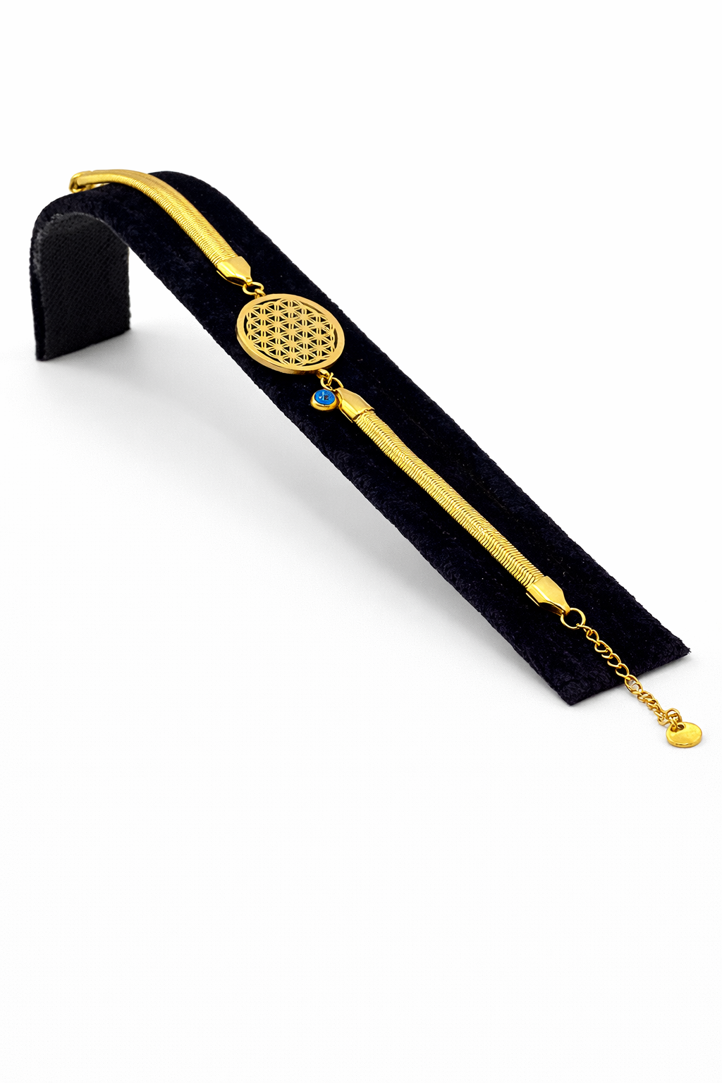 Hayat Çiçeği Motifli Nazar Boncuklu Altın Renk Çelik Bileklik