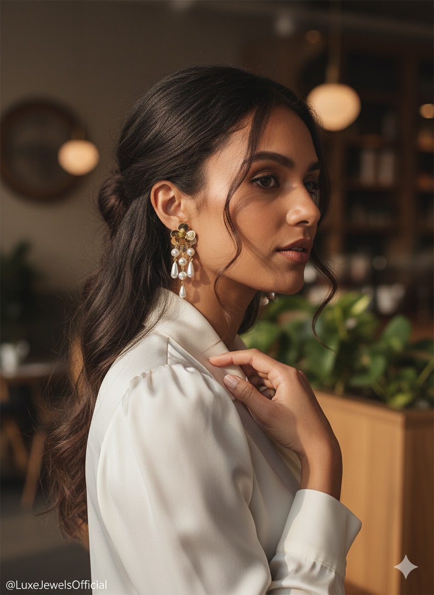 İnci Sallantılı Çiçek Figürlü Altın Renk Çelik Küpe