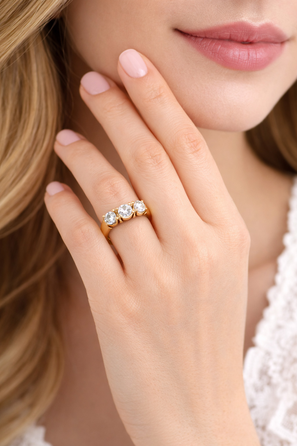 Üç Taşlı Altın Renk Çelik Yüzük