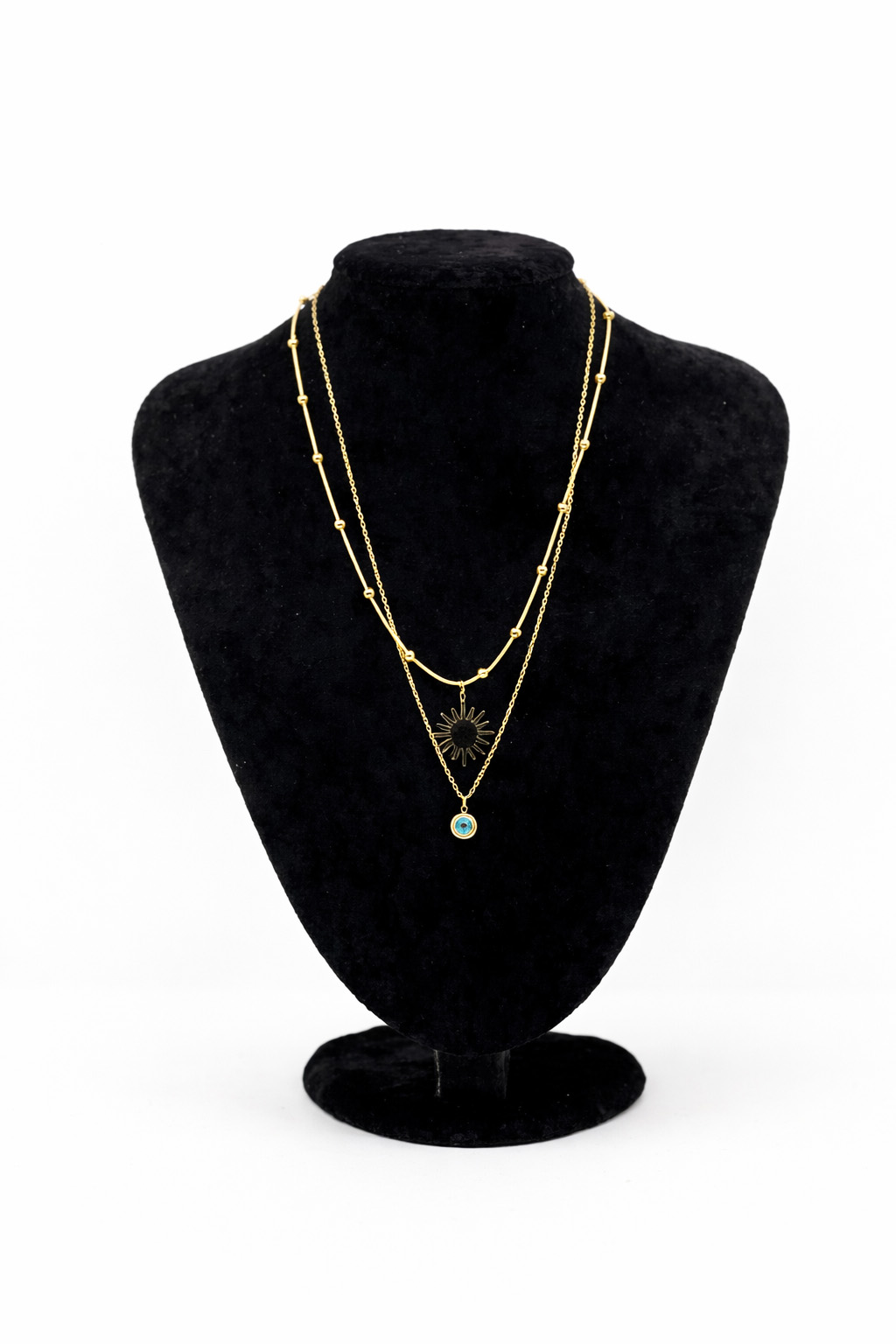Güneş Figürlü Nazar Detaylı Altın Renk Çift Zincir Çelik Kolye
