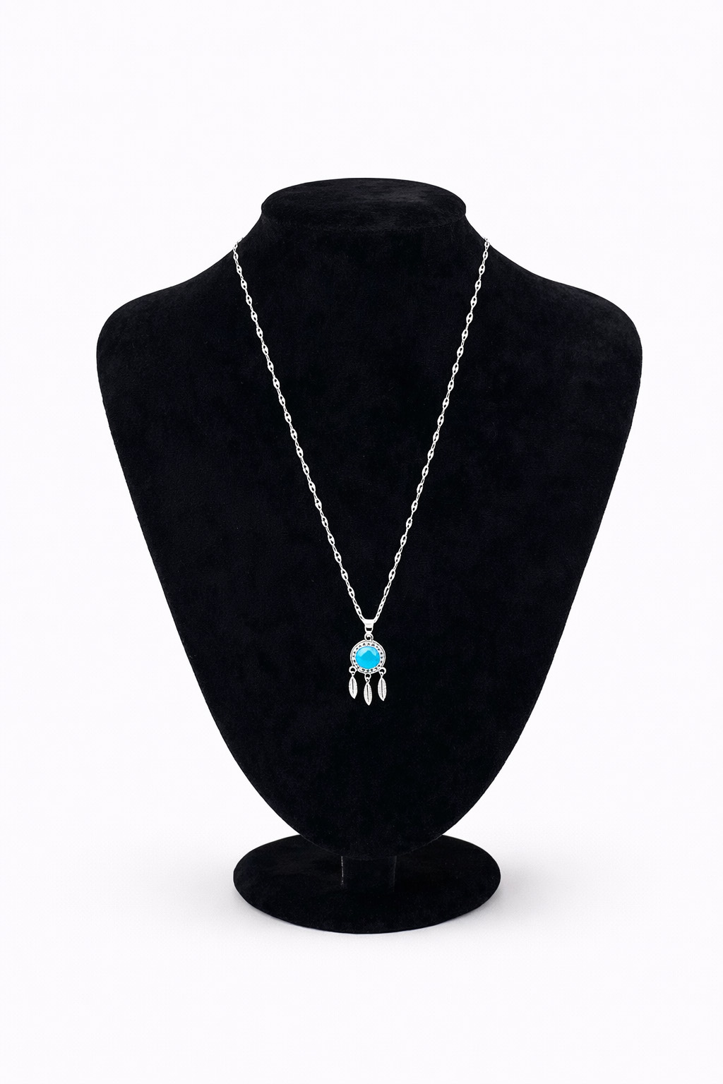 Turkuaz Taşlı Sallantılı Gümüş Renk Çelik Kolye