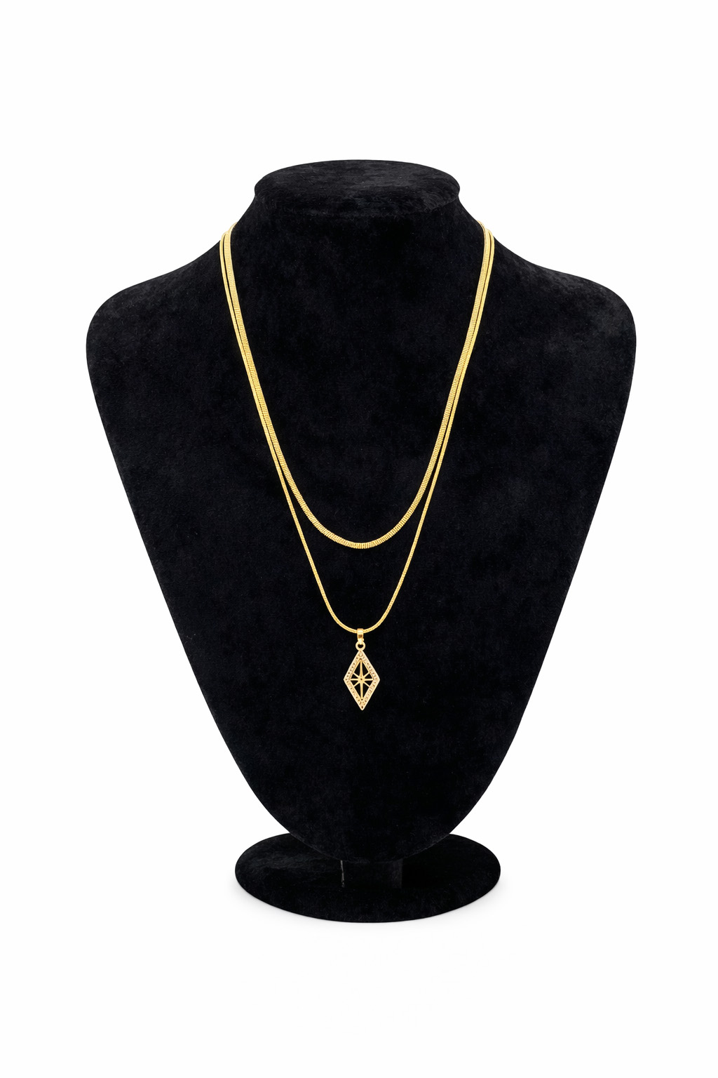 Geometrik Yıldız Motifli Altın Renk Çift Zincir Çelik Kolye