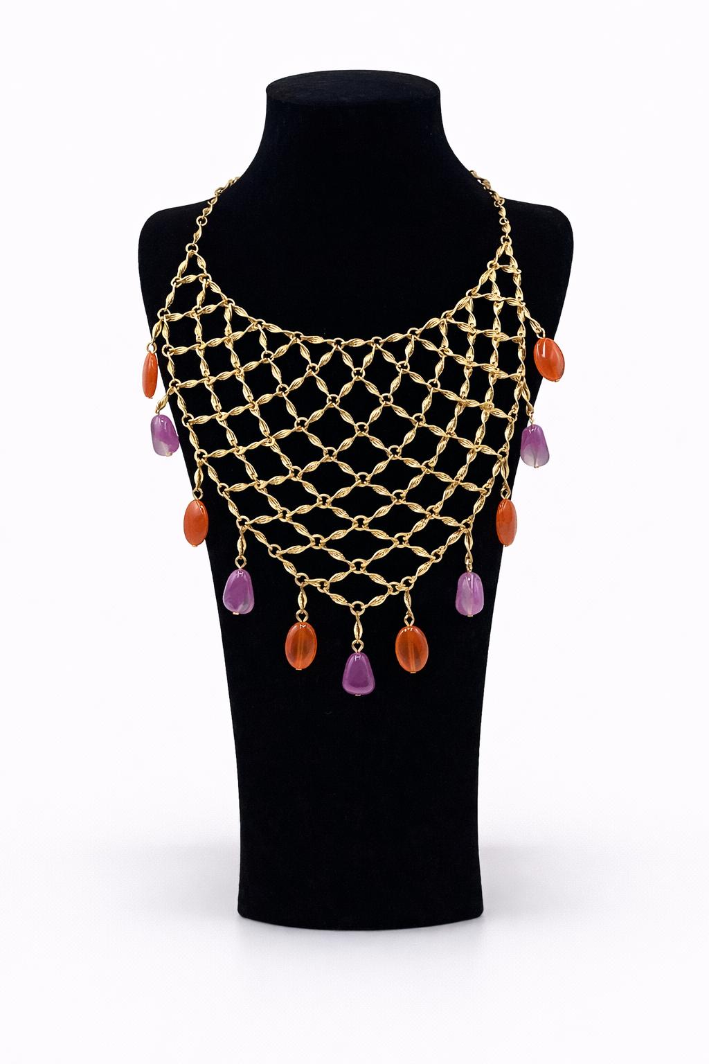 Renkli Taş Detaylı Altın Renk Zincir Ağ Kolye