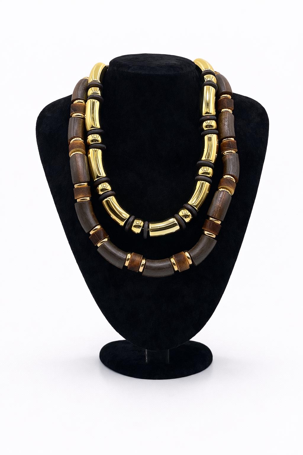 Doğal Ahşap & Altın Renk Metal Detaylı Kolye