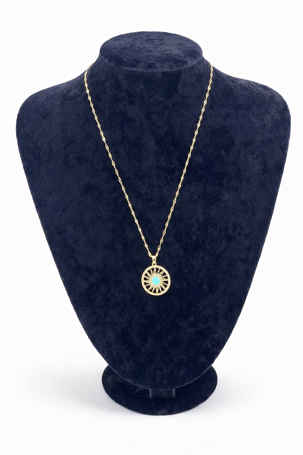 Mavi Taşlı Güneş Figürlü Altın Renk Çelik Kolye