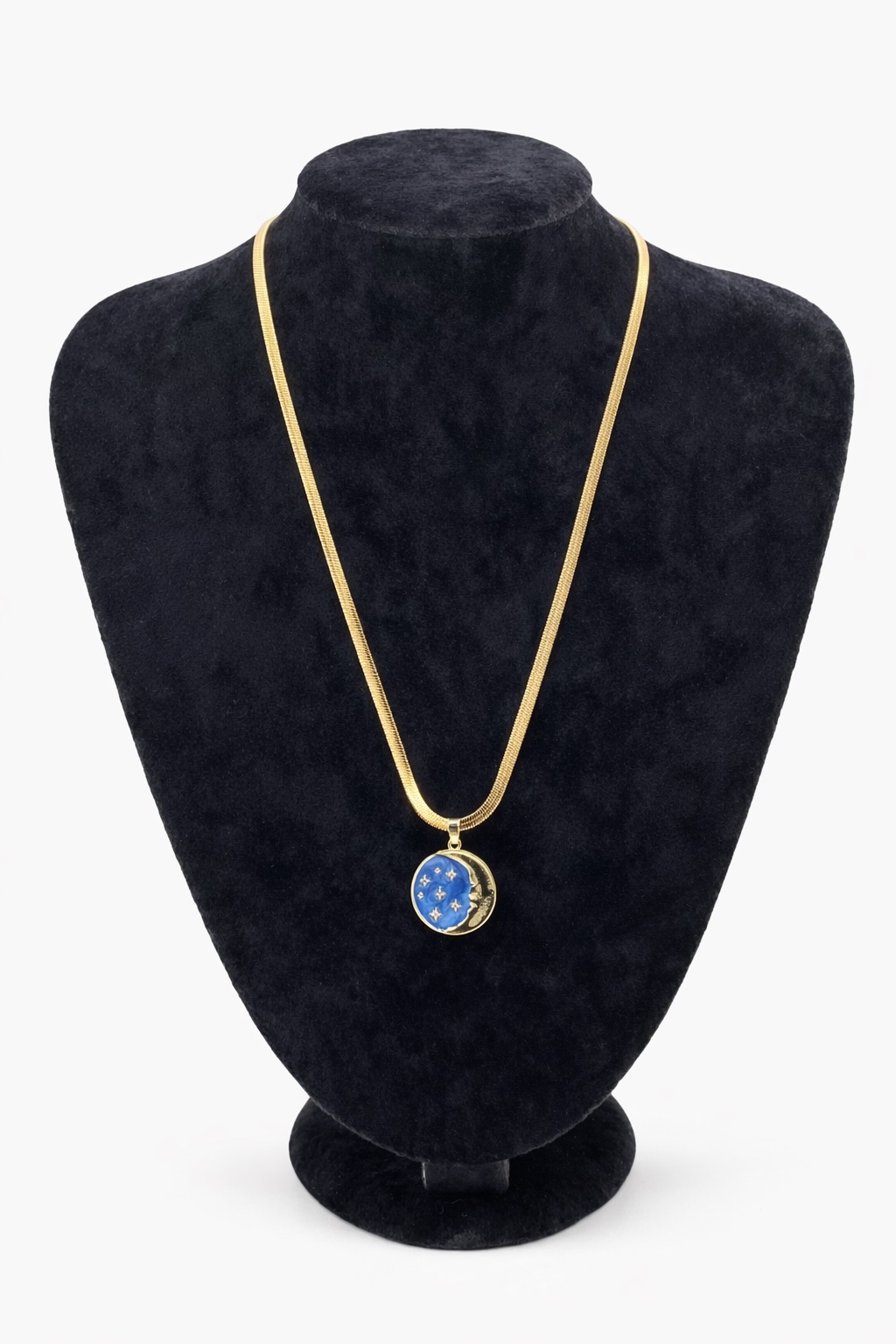 Ay Yıldız Detaylı Lacivert Madalyon Altın Renk Çelik Kolye