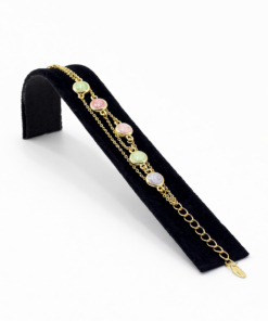 Çok Zincirli Yuvarlak Renkli Taş Detaylı Altın Renk Çelik Bileklik