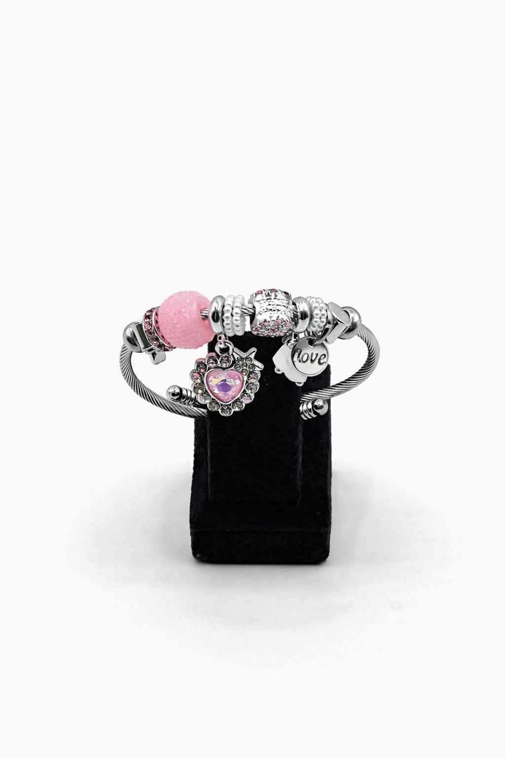 Pembe Taşlı Kalp & Love Figürlü Gümüş Renk Çelik Charm Bileklik Pembe Taşlı Kalp & Love Figürlü Gümüş Renk Çelik Charm Bileklik