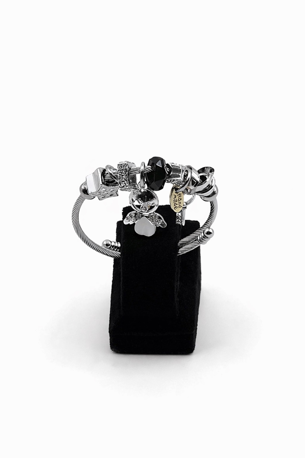 Siyah Taş Detaylı Gümüş Renk Çelik Charm Bileklik