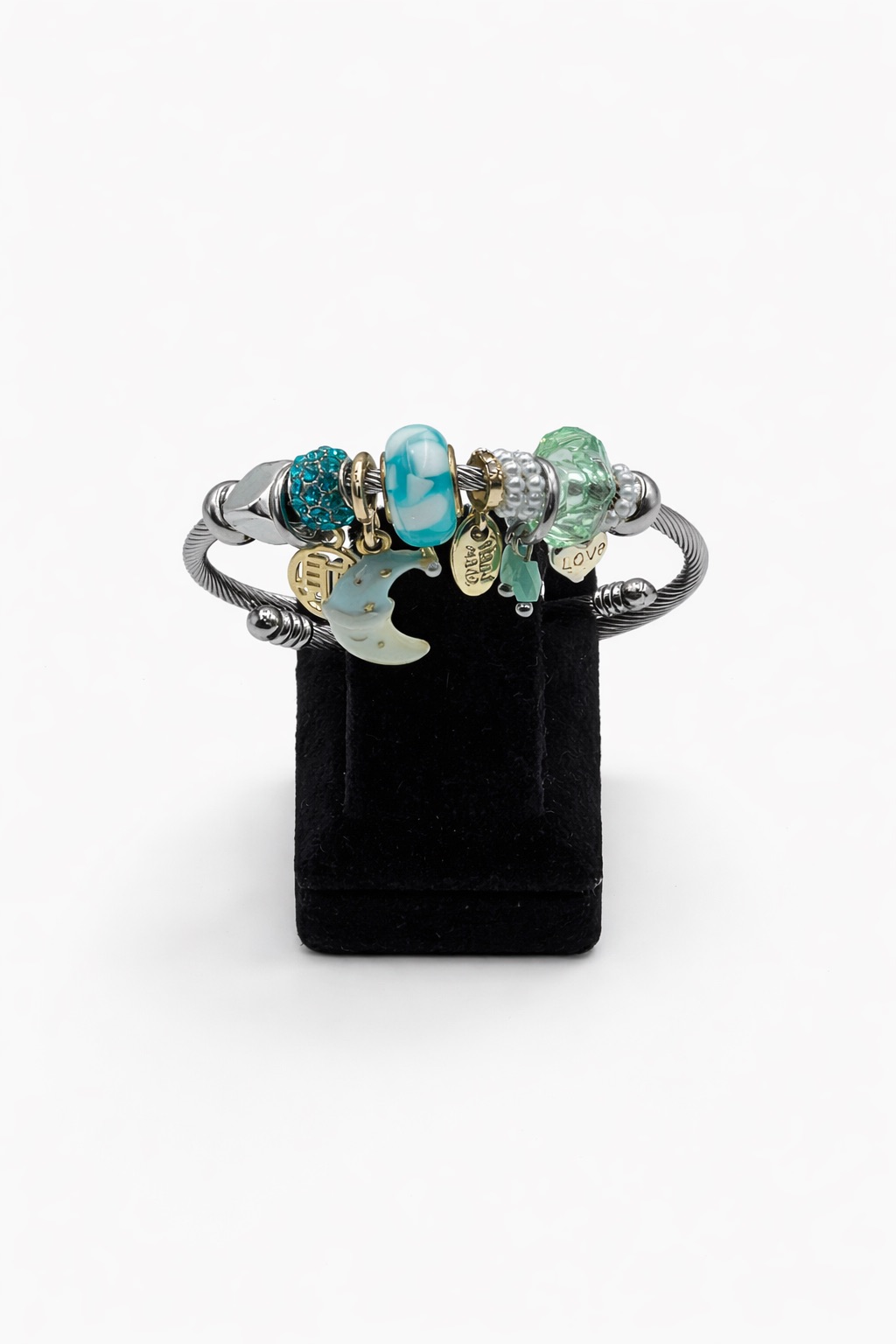 Turkuaz Taşlı ve Ay Figürlü Gümüş Renk Çelik Charm Bileklik