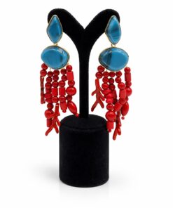 Lak Kaplama Mavi Taş Görünümlü Kırmızı Mercan Detaylı Akrilik Küpe