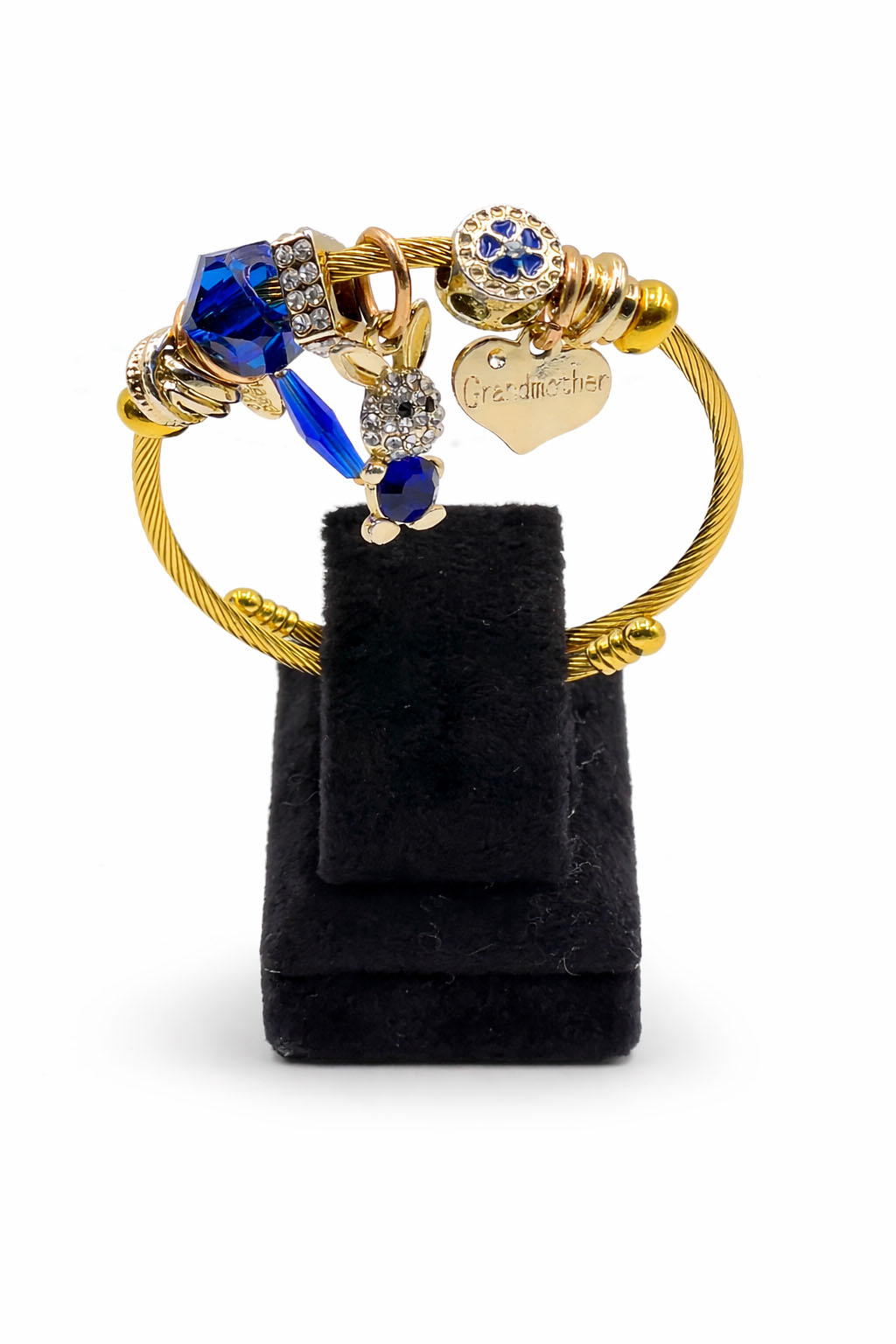 Tavşan Figürlü Mavi Taş Detaylı Gold Renk Çelik Charm Bileklik Tavşan Figürlü Mavi Taş Detaylı Gold Renk Çelik Charm Bileklik