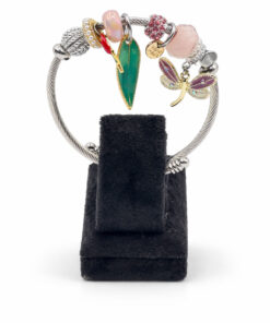 Yeşil Yaprak & Yusufçuk Figürlü Pembe Taş Detaylı Gümüş Renk Çelik Charm Bileklik