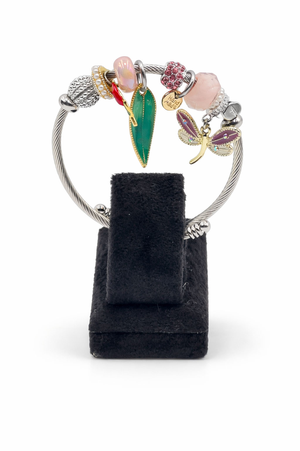 Yeşil Yaprak & Yusufçuk Figürlü Pembe Taş Detaylı Gümüş Renk Çelik Charm Bileklik Yeşil Yaprak & Yusufçuk Figürlü Pembe Taş Detaylı Gümüş Renk Çelik Charm Bileklik