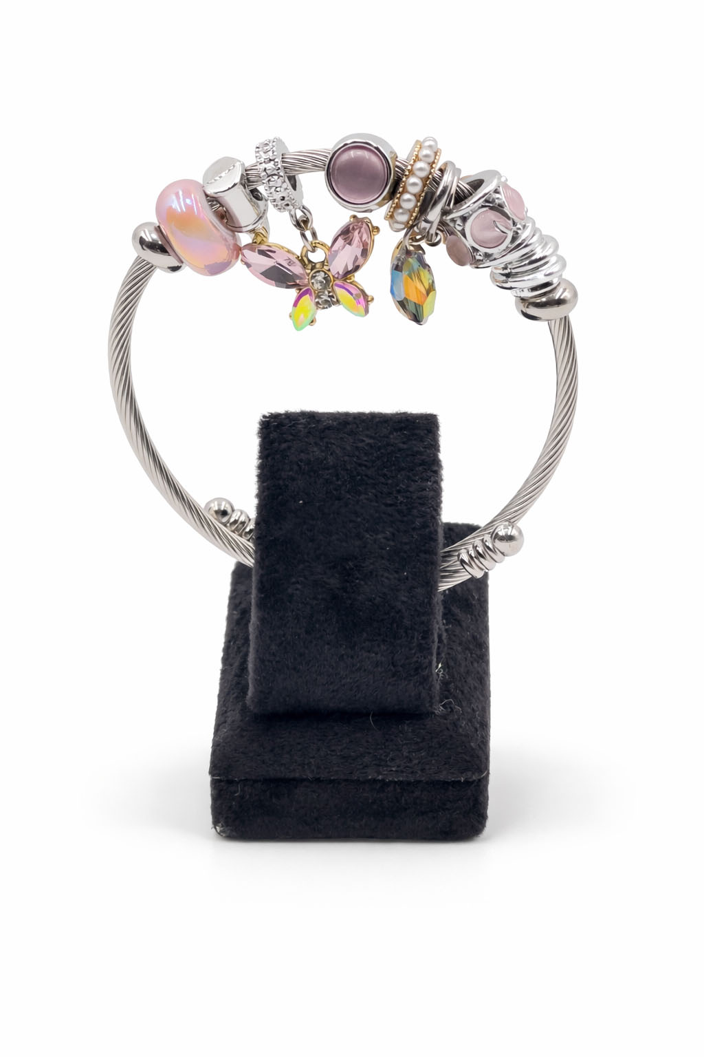 Kelebek Figürlü Taş Detaylı Lila Renk Çelik Charm Bileklik