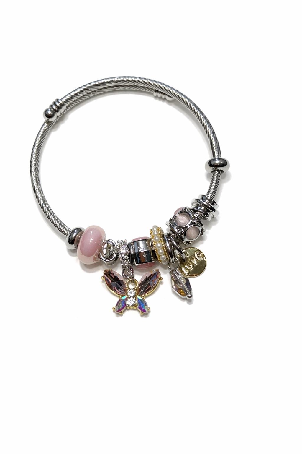 Kelebek Figürlü Taş Detaylı Lila Renk Çelik Charm Bileklik