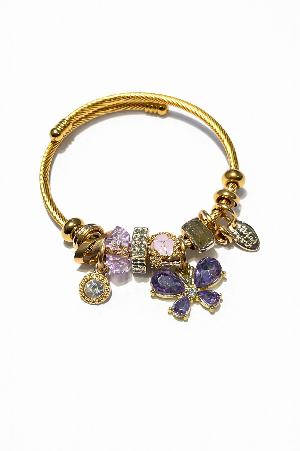 Kelebek Figürlü Taş Detaylı Pembe Renk Çelik Charm Bileklik