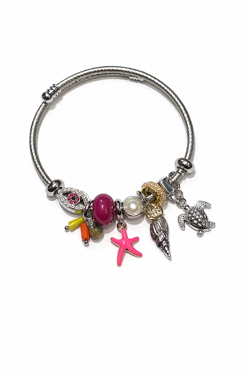 Deniz Yıldızı & Kaplumbağa Figürlü İnci Detaylı Gümüş Renk Çelik Charm Bileklik