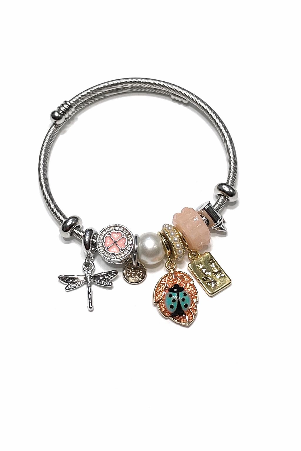 Deniz Kabuklu Uğur Böceği Figürlü Gümüş Renk Çelik Charm Bileklik