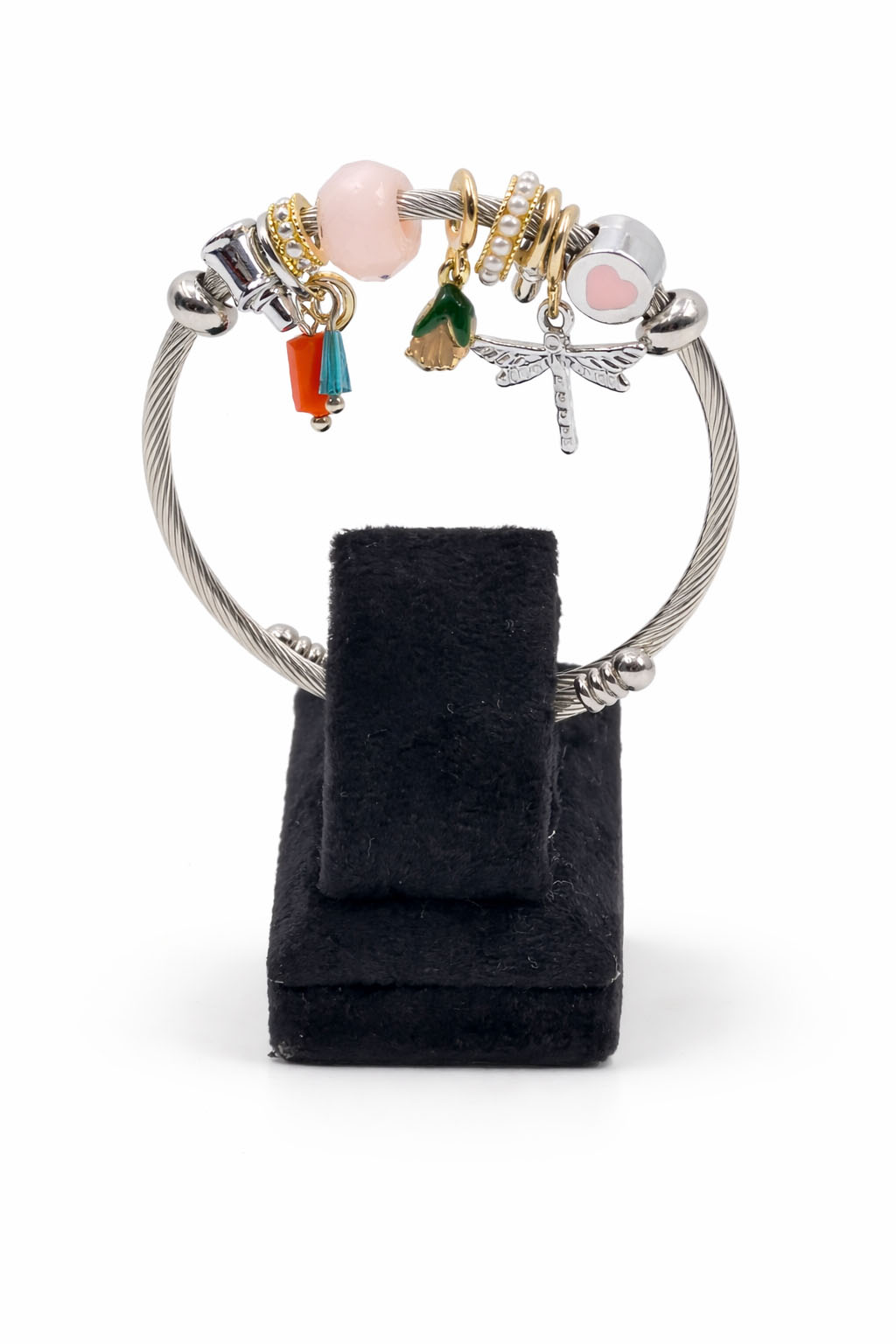 Pembe Kalp ve Yusufçuk Figürlü Altın Detaylı Gümüş Renk Çelik Charm Bileklik