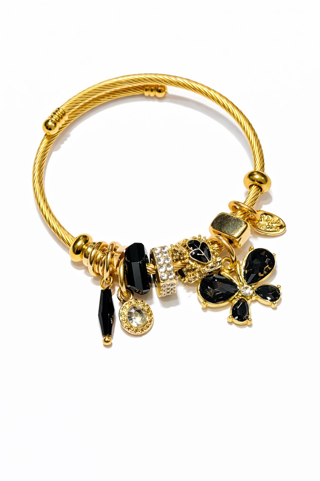 Kelebek Figürlü Taş Detaylı Siyah Renk Çelik Charm Bileklik