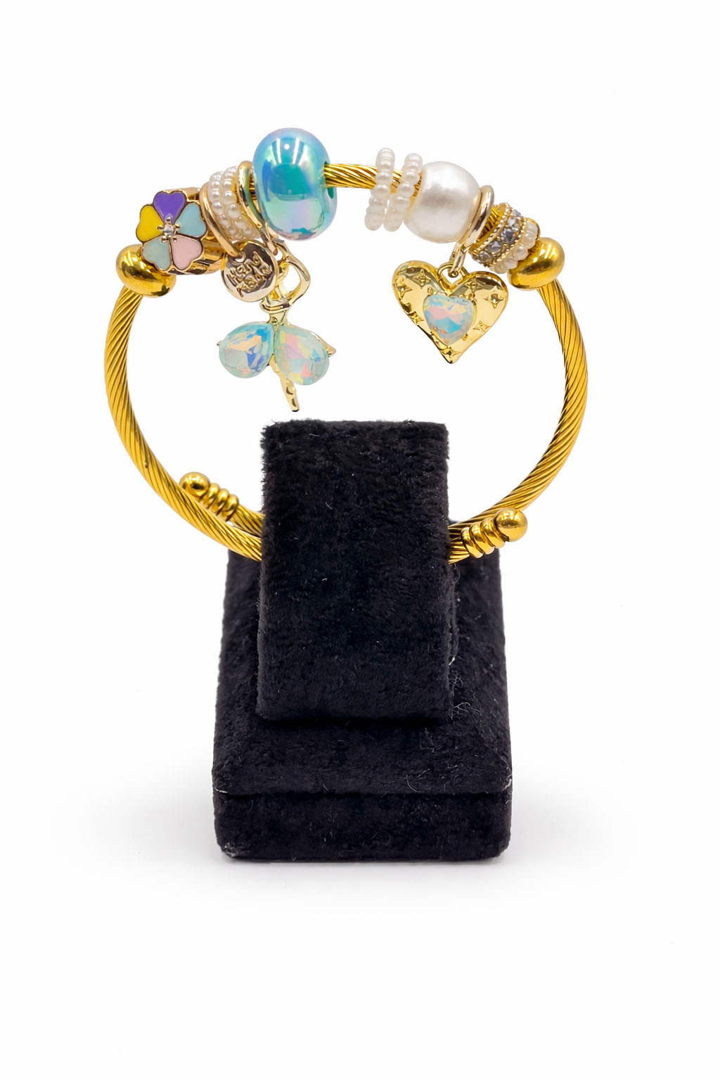 Balerin ve Kalp Figürlü Altın Renk Çelik Charm Bileklik