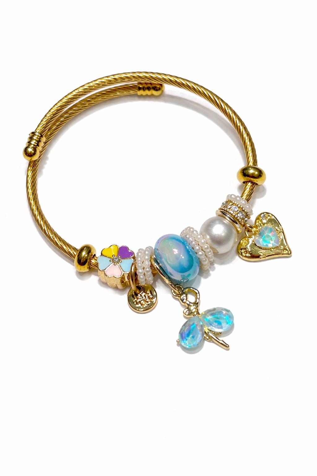 Balerin ve Kalp Figürlü Altın Renk Çelik Charm Bileklik