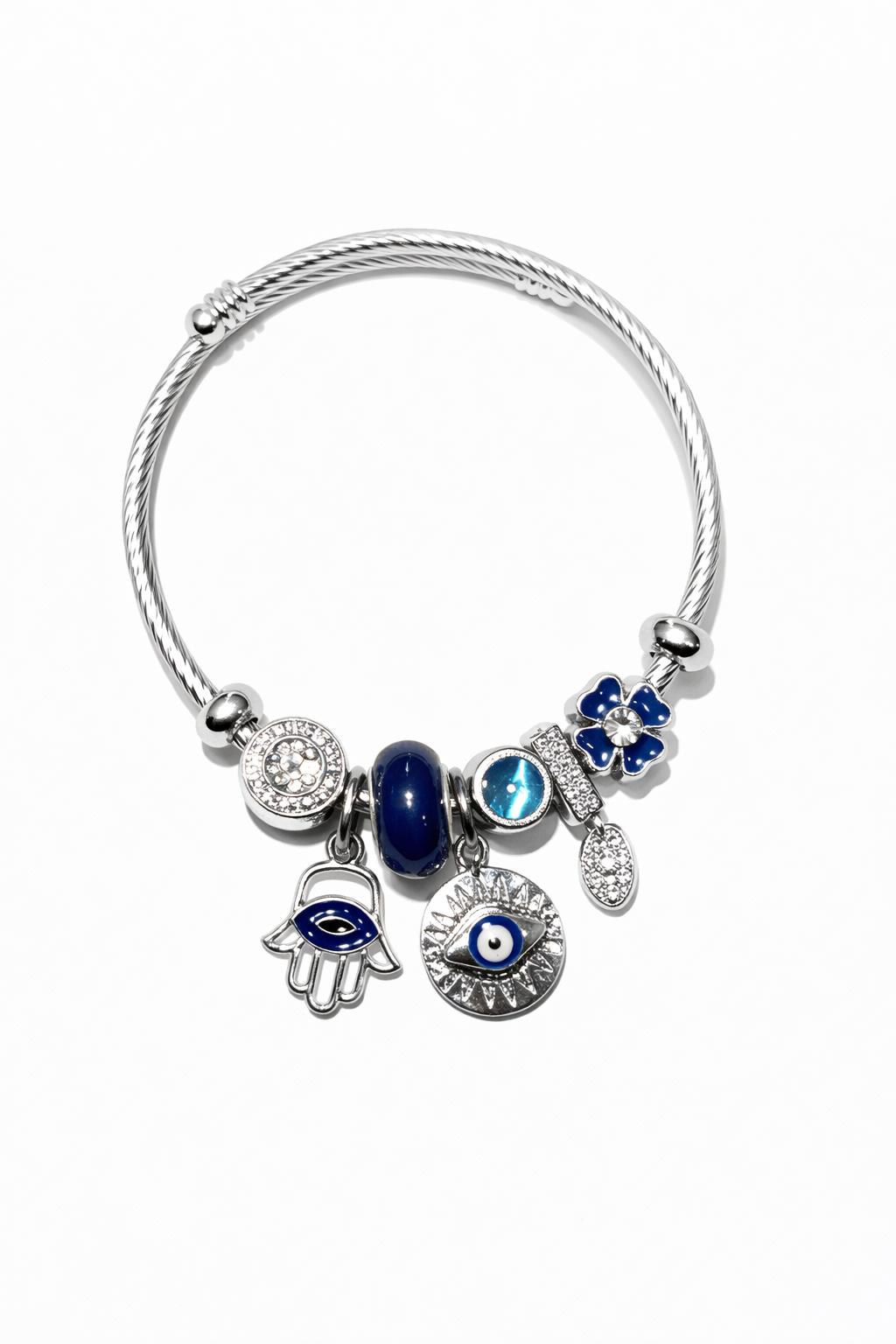 Fatma'nın Eli ve Nazar Göz Figürlü Gümüş Renk Çelik Charm Bileklik Fatma'nın Eli ve Nazar Göz Figürlü Gümüş Renk Çelik Charm Bileklik