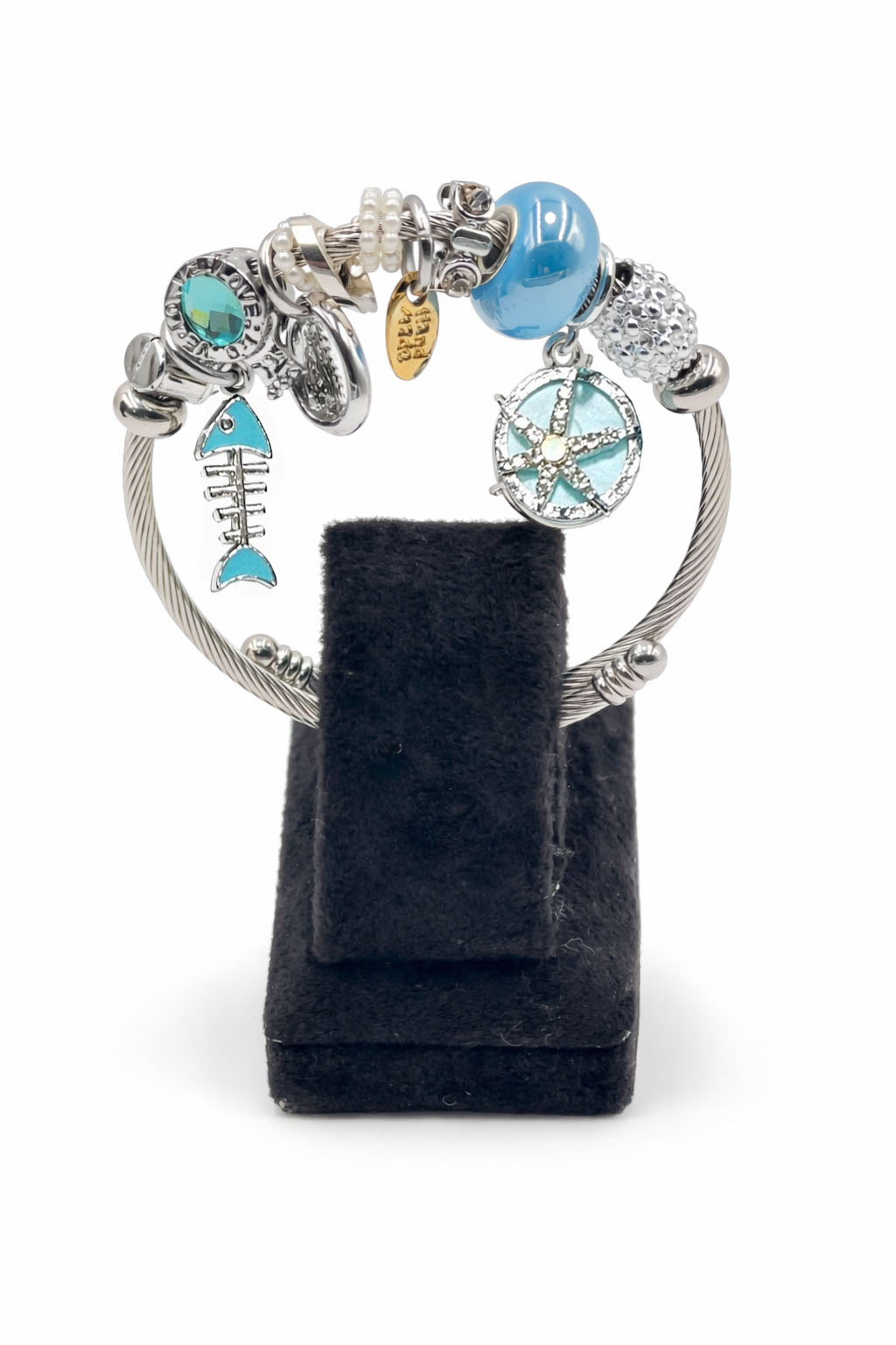 Deniz Yıldızı ve Balık İskeleti Figürlü Gümüş Renk Çelik Charm Bileklik