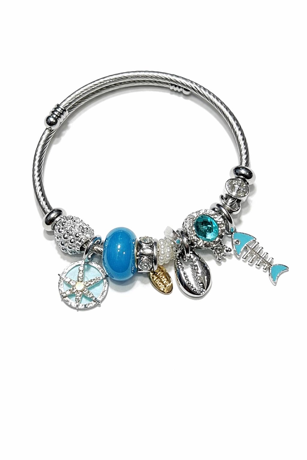 Deniz Yıldızı ve Balık İskeleti Figürlü Gümüş Renk Çelik Charm Bileklik