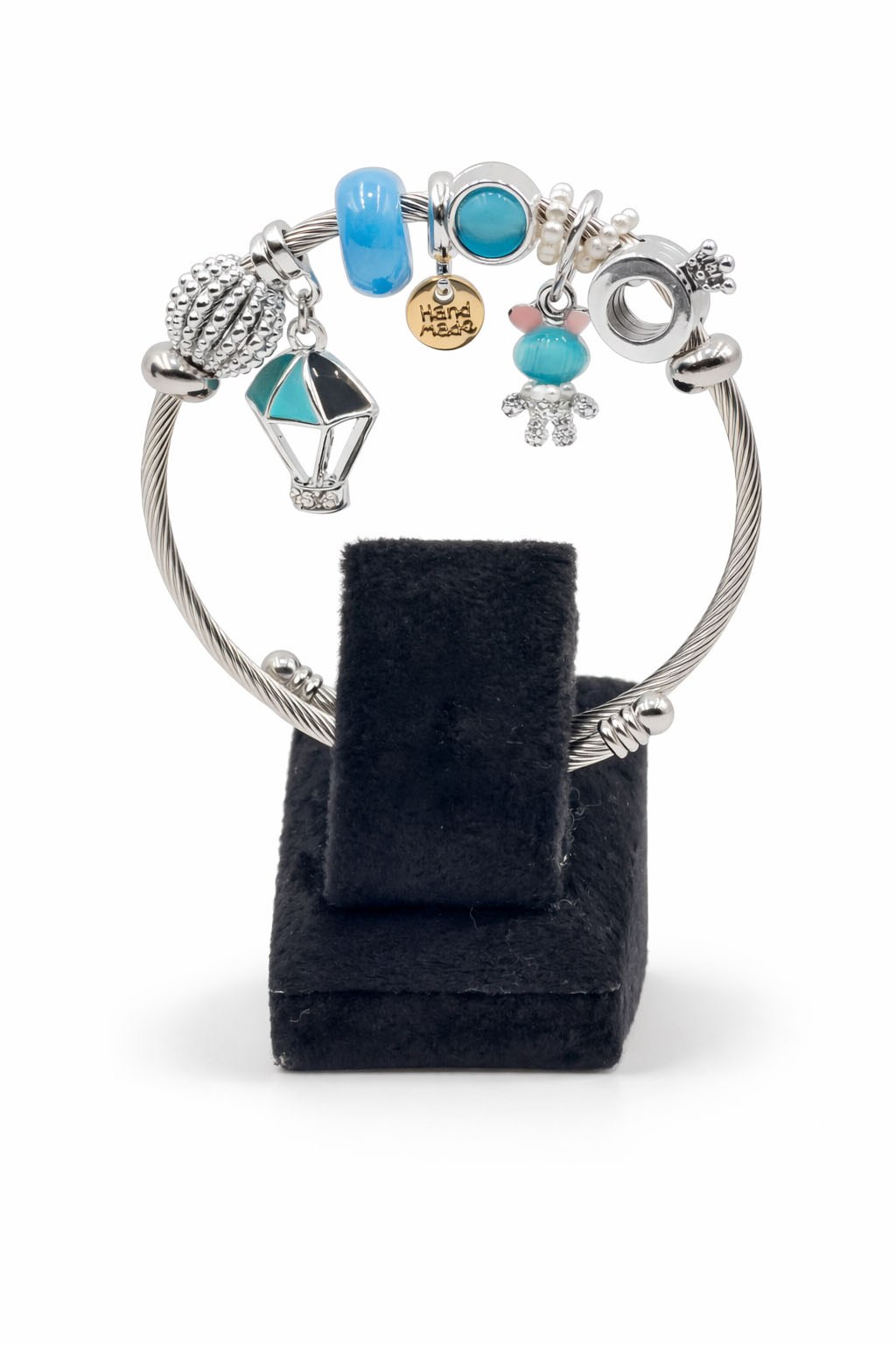 Turkuaz Balon ve Tavşan Figürlü Gümüş Renk Çelik Charm Bileklik