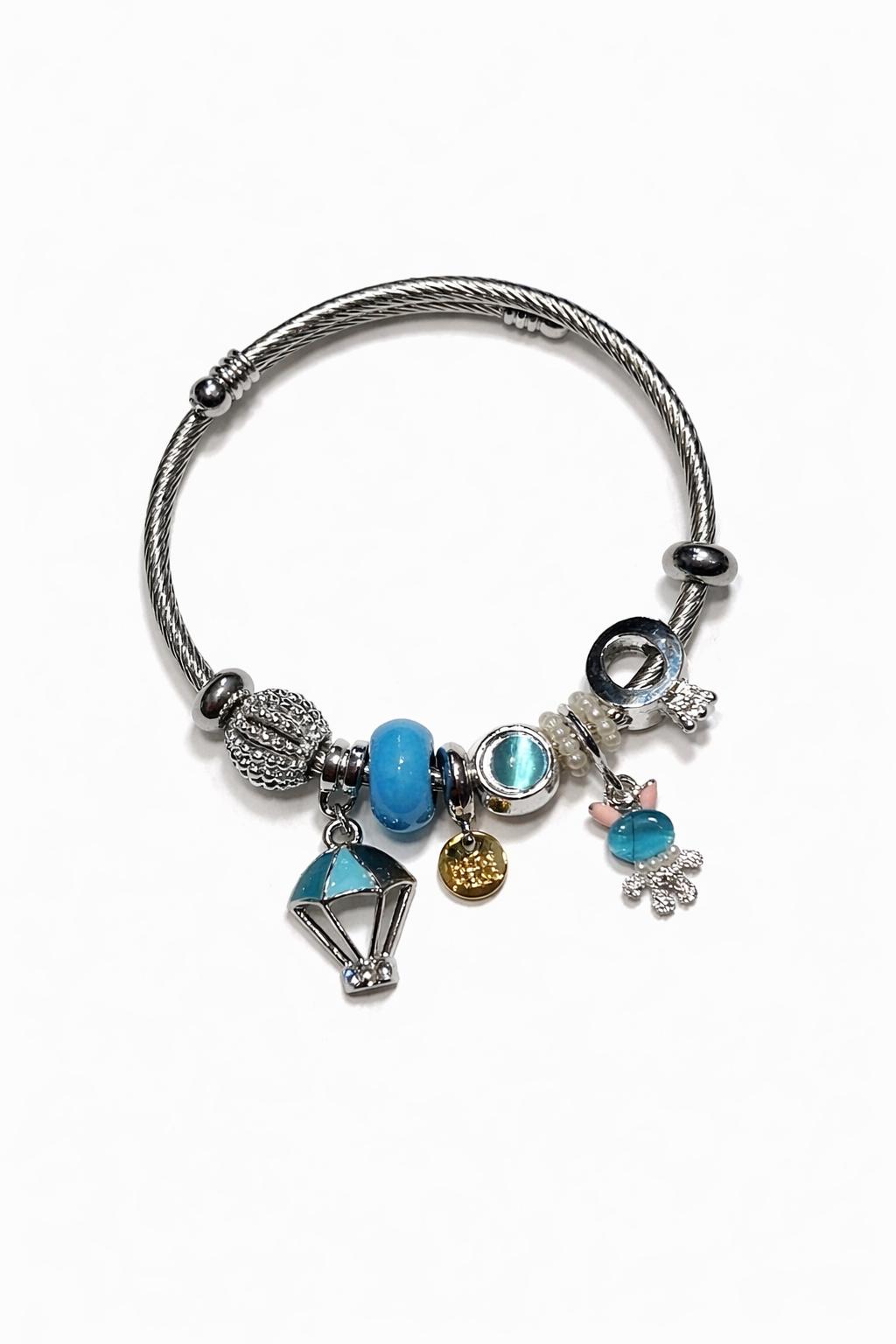 Turkuaz Balon ve Tavşan Figürlü Gümüş Renk Çelik Charm Bileklik