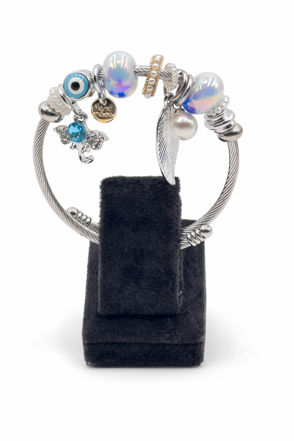 Nazar Boncuklu Yaprak ve Mavi Taşlı Fil Figürlü Gümüş Renk Çelik Charm Bileklik