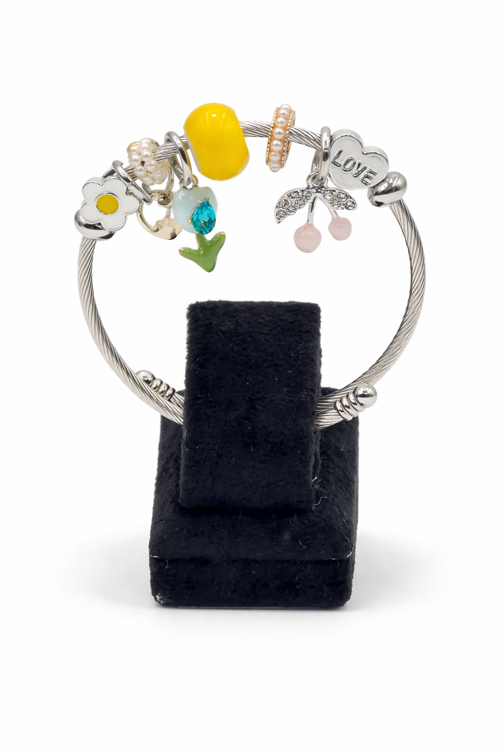 Sarı Boncuk Lale ve Kiraz Figürlü Gümüş Renk Çelik Charm Bileklik