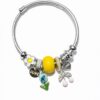 Sarı Boncuk Lale ve Kiraz Figürlü Gümüş Renk Çelik Charm Bileklik