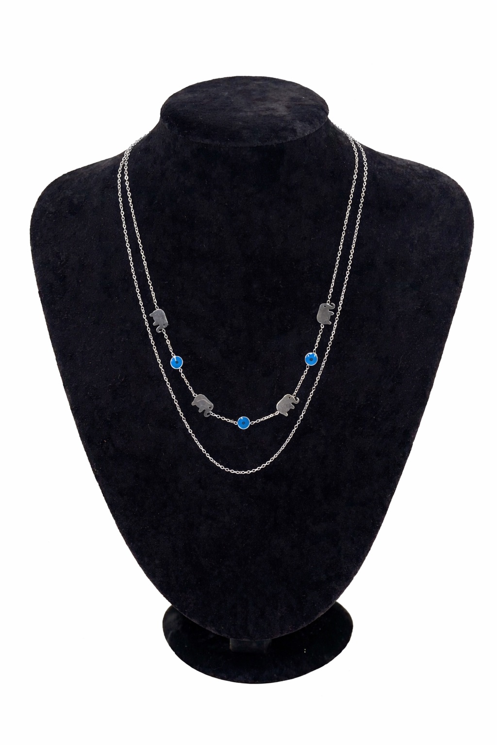 Gümüş Renk Fil Figürlü Nazar Detaylı Çift Sıra Çelik Kolye