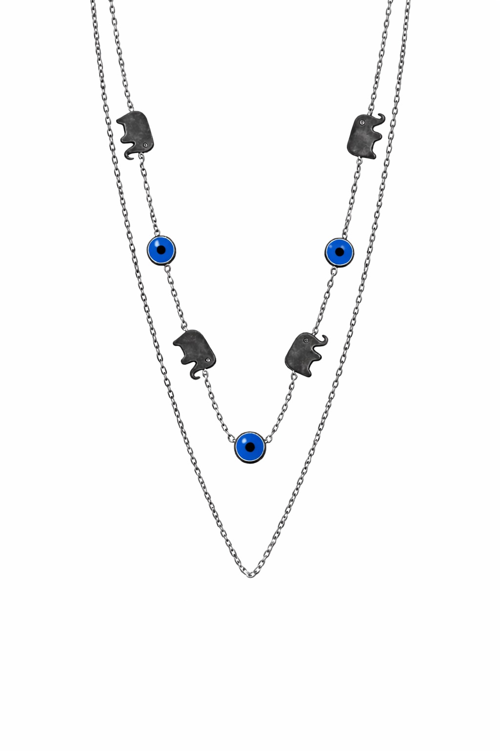 Gümüş Renk Fil Figürlü Nazar Detaylı Çift Sıra Çelik Kolye