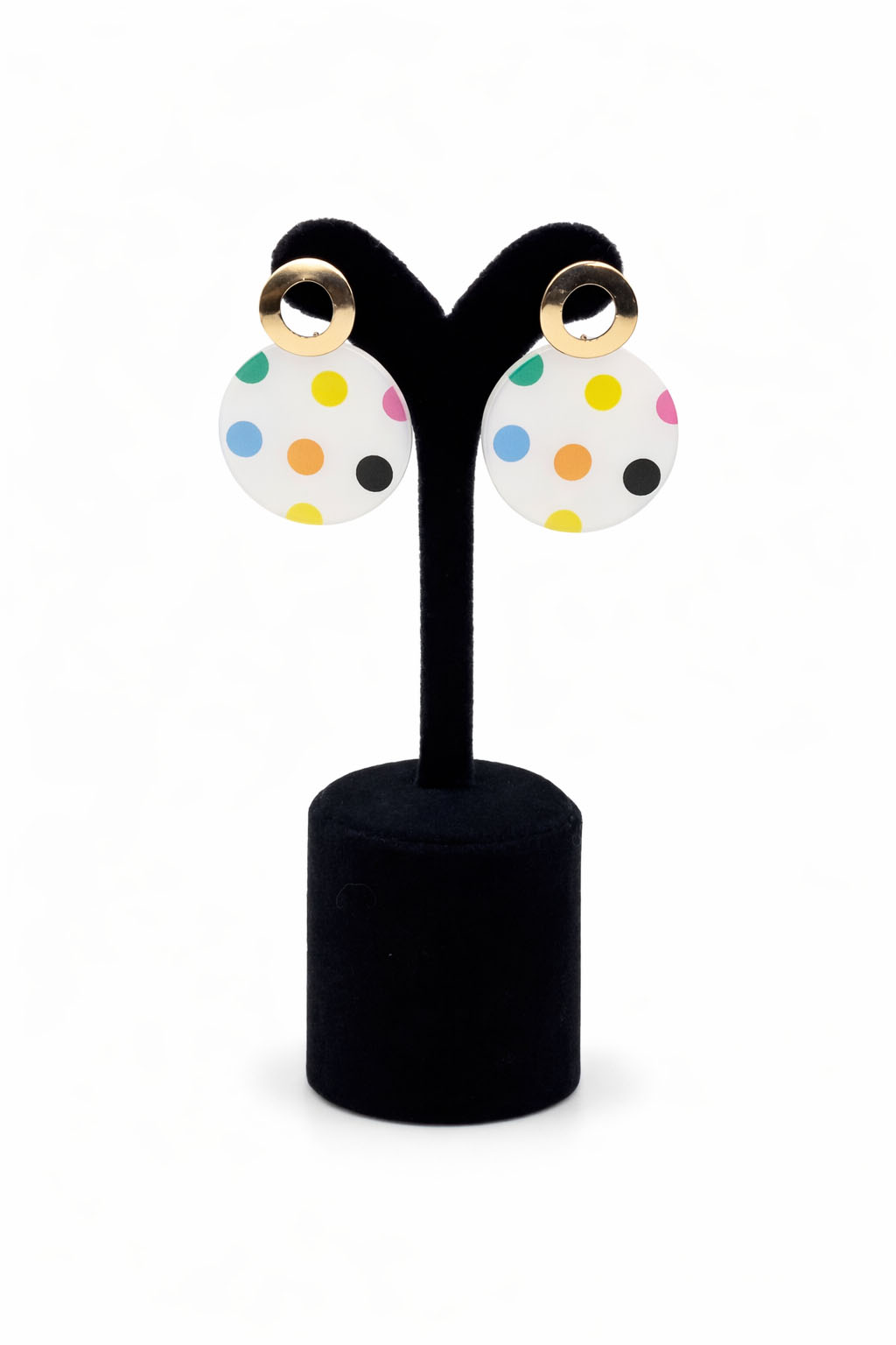 Renkli Puantiyeli Akrilik ve Lak Altın Kaplama Sallantılı Bijuteri Küpe Renkli Puantiyeli Akrilik ve Lak Altın Kaplama Sallantılı Bijuteri Küpe