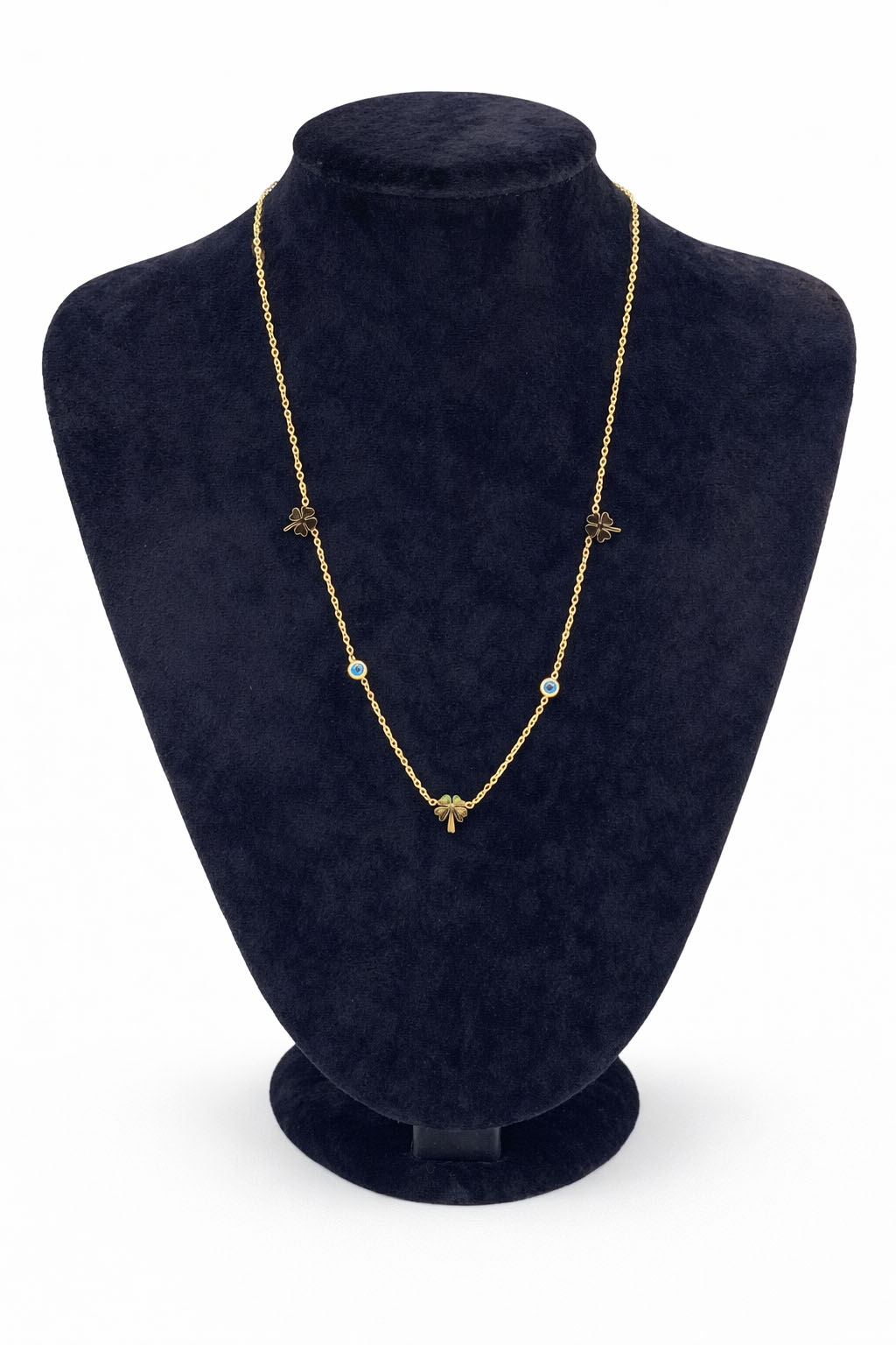 Nazar Boncuklu Yonca Figürlü Altın Renk Çelik Kolye